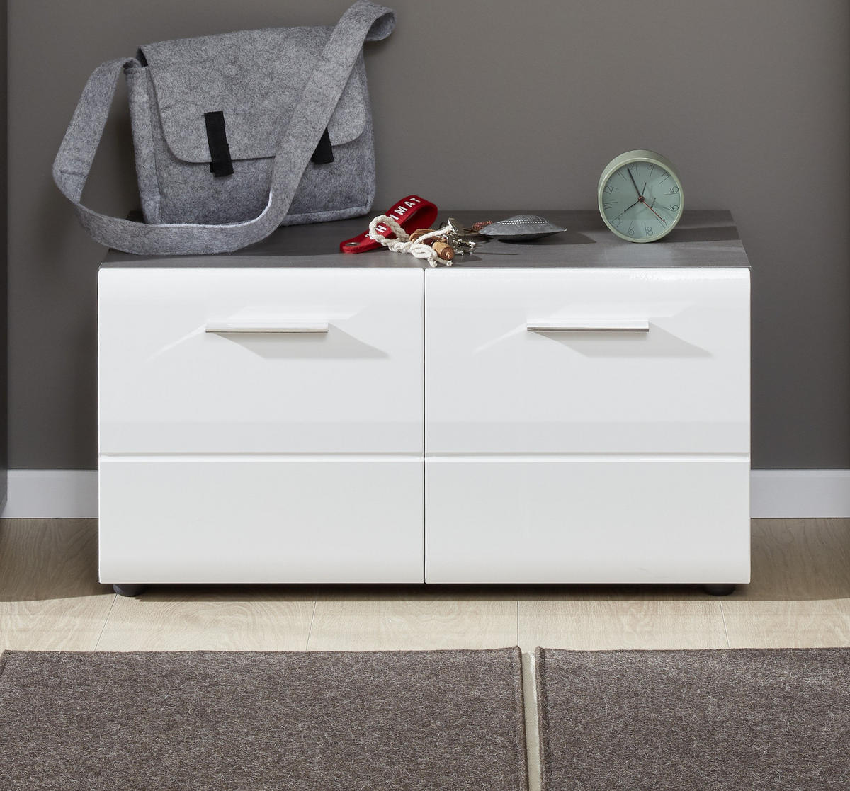 GARDEROBENBANK Hochglanz weiß, Sardegna grau 80 x 41 cm, Schuhbank mit Türen - Weiß Hochglanz/Silberfarben, Holzwerkstoff/Kunststoff (80/35/41cm) - Top.Furn