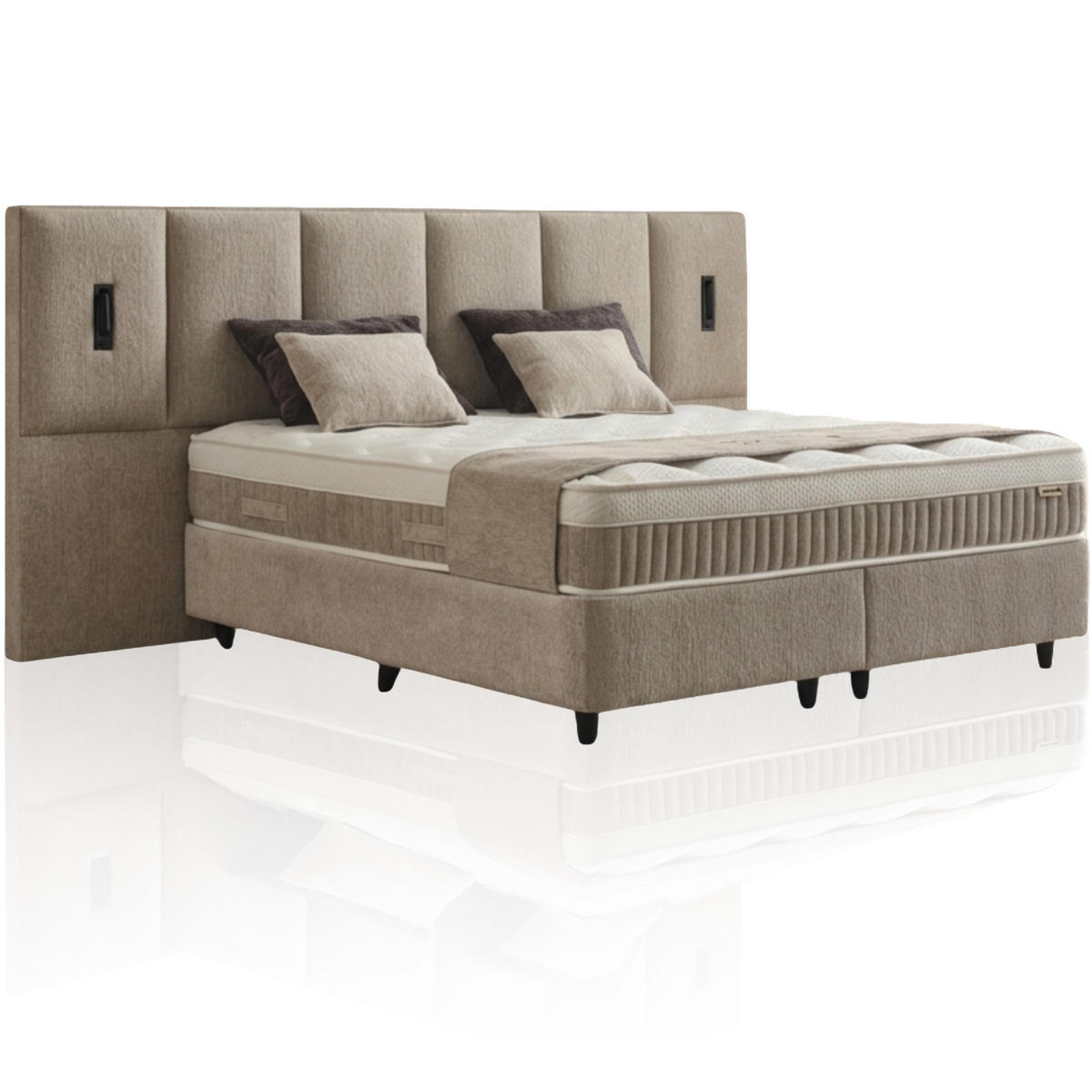 BOXSPRINGBETT MIT BETTKASTEN DAVIS 180/200 cm, Helltaupe, mit Leuchten, Bettkasten, Matratze, Topper integriert, H3 mittel - Taupe/Schwarz, Holz/Kunststoff (180/200cm) - Consilio Concept
