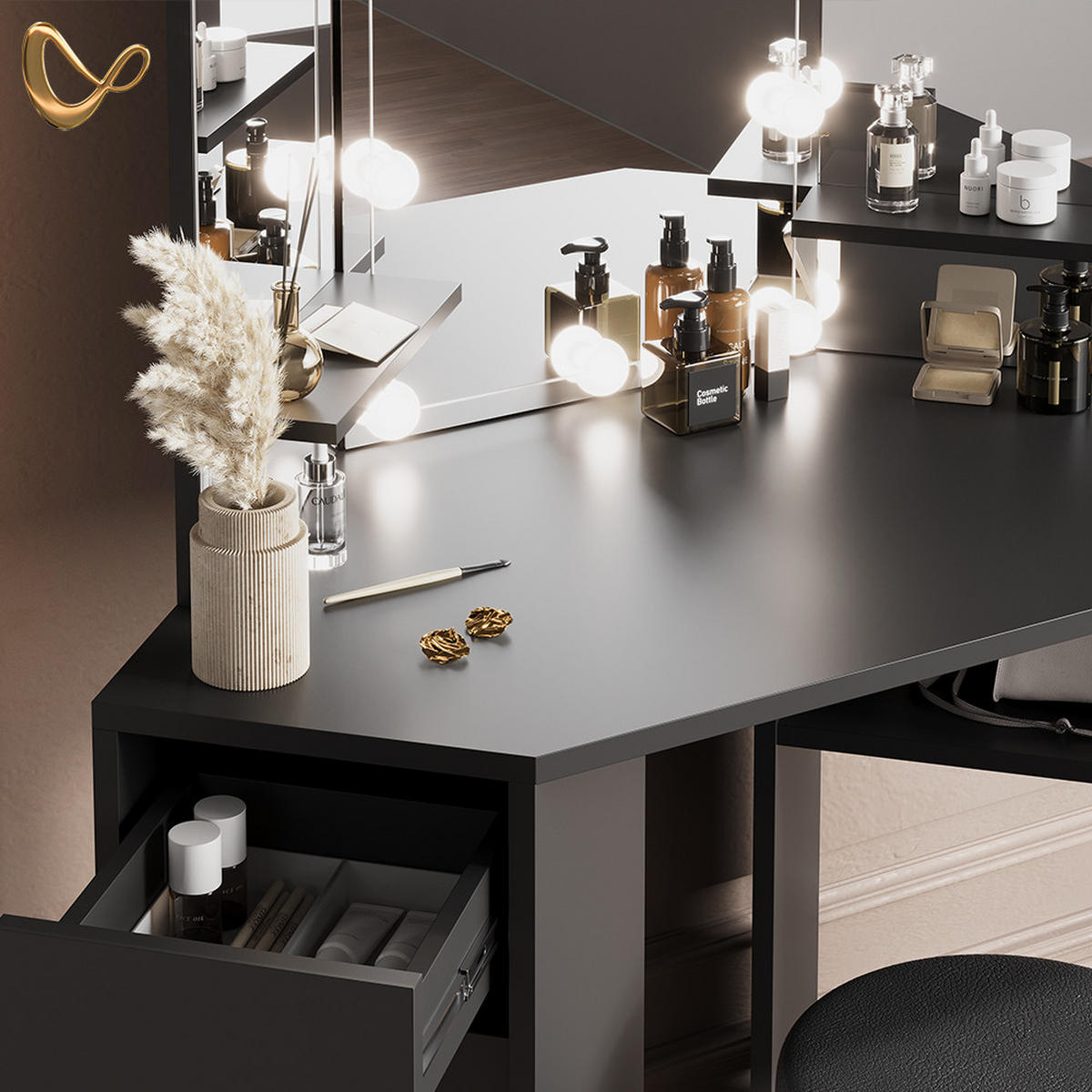ECKSCHMINKTISCH Enna Schwarz 110 cm mit LED Beleuchtung und Hocker - Schwarz, Holzwerkstoff (110/141.5/54cm) - Livinity®