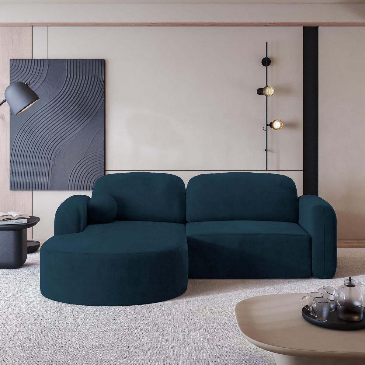 ECKSOFA AMILIA M L-S Blau Velours-Stoff mit Schlaffunktion - Blau, Holz (263/174cm) - MASSENO