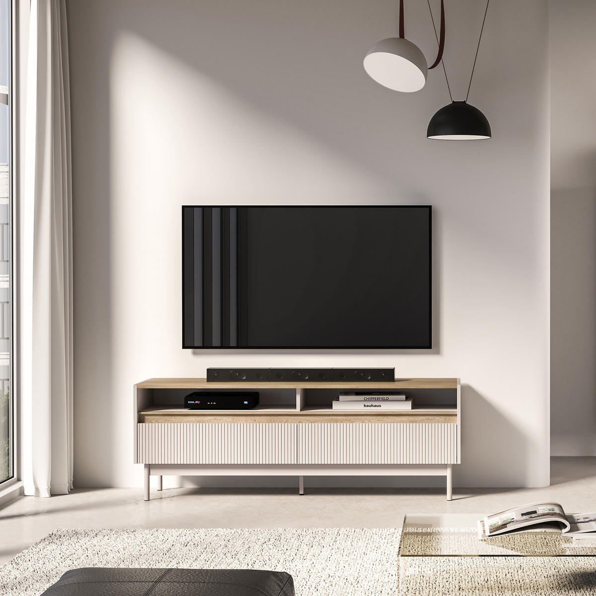 TV-LOWBOARD NALIA, Creme/Eiche - Eichefarben/Creme, Holzwerkstoff/Metall (154/55/40cm) - KONSIMO®