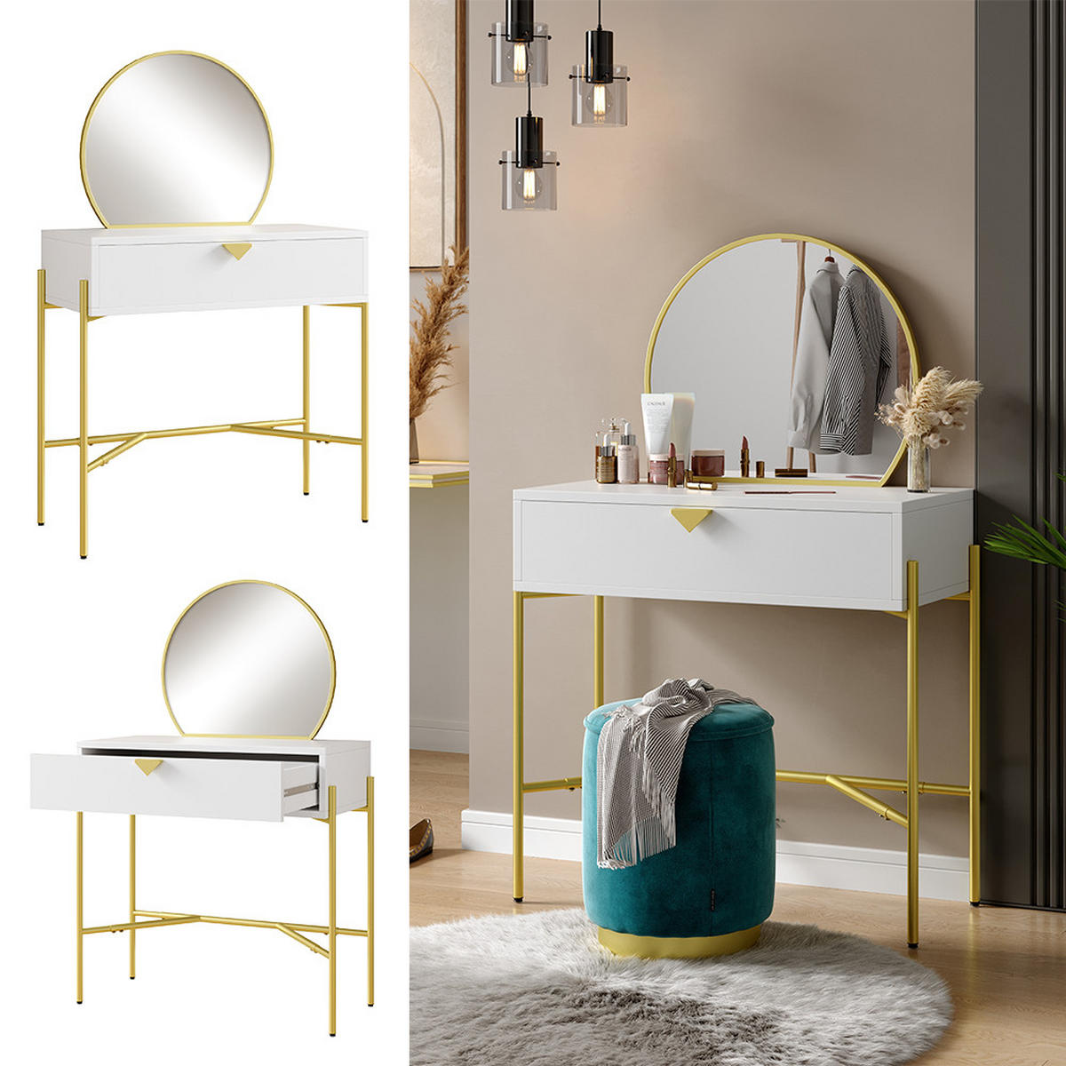 FRISIERTISCH MIT SPIEGEL Melissa Weiß 84.4 cm mit Schublade - Goldfarben/Weiß, Holzwerkstoff (84.4/130/40cm) - Vicco