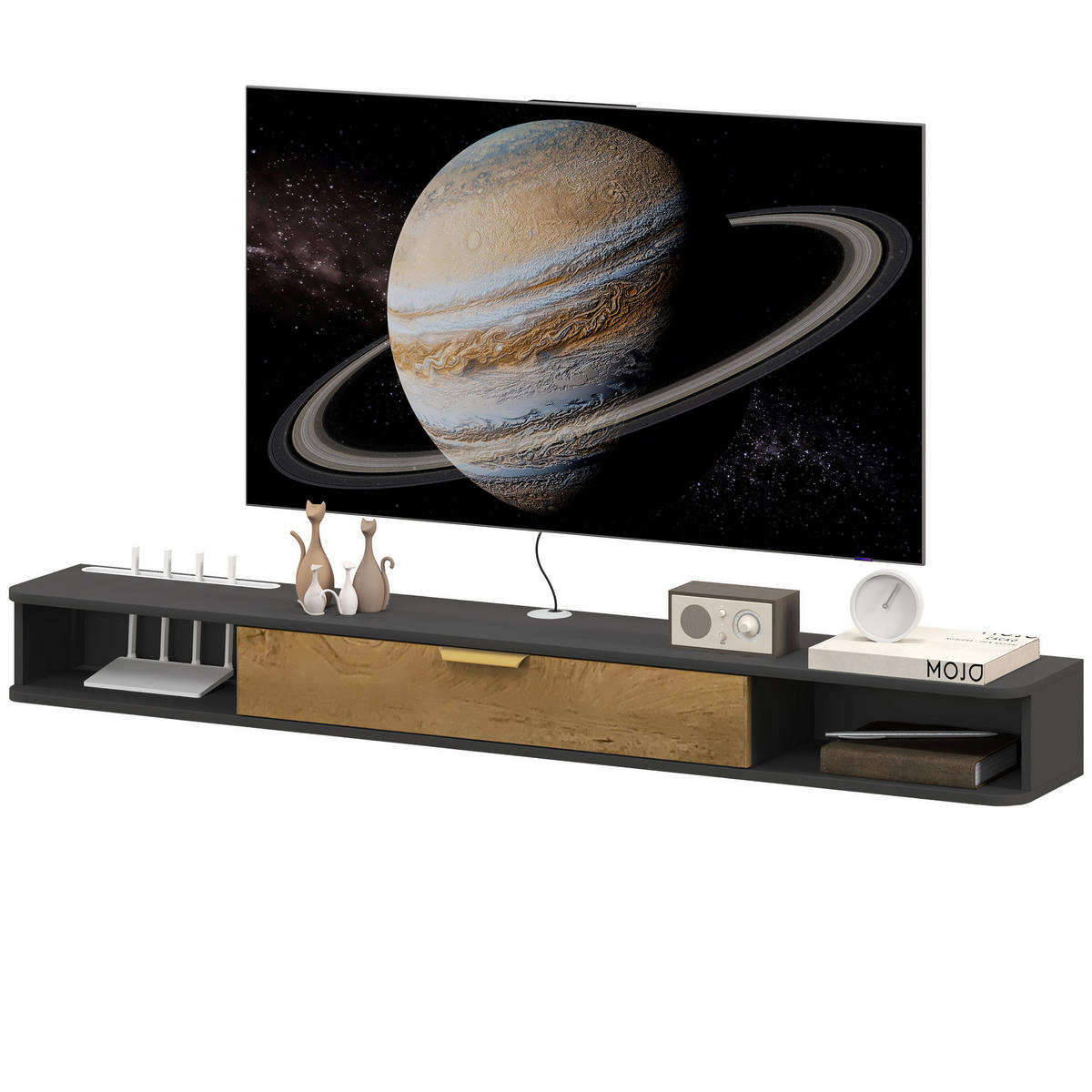 TV-LOWBOARD Grau 160/24/16 cm, Hängend, Klapptür, Offene Fächer - Grau, Holzwerkstoff (160/16/24cm) - PANGIVO