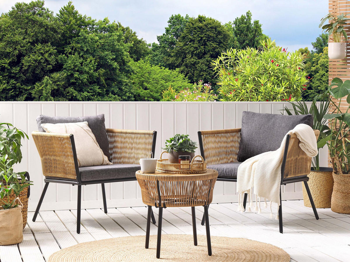 BALKONSET 2-Sitzer Rattan natürlich Auflagen grau Gargano - Braun/Grau, Kunststoff/Textil - Beliani