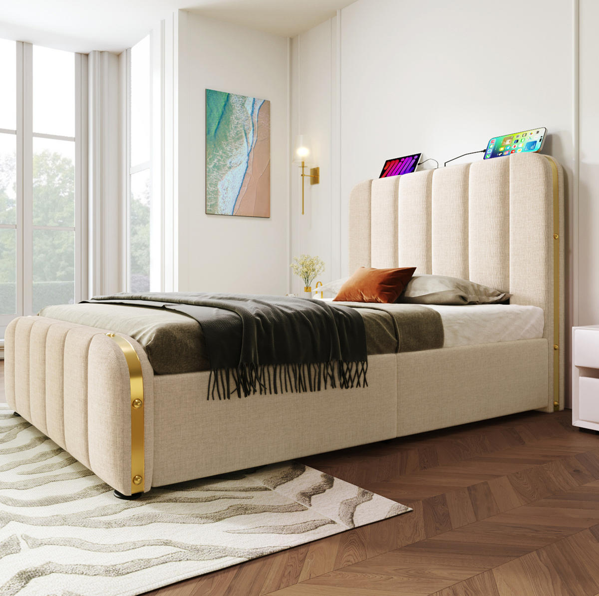 BETT mit 4 Schubladen 90x200 cm Leinen Beige - Beige, Metall (90/200cm) - Meubliv