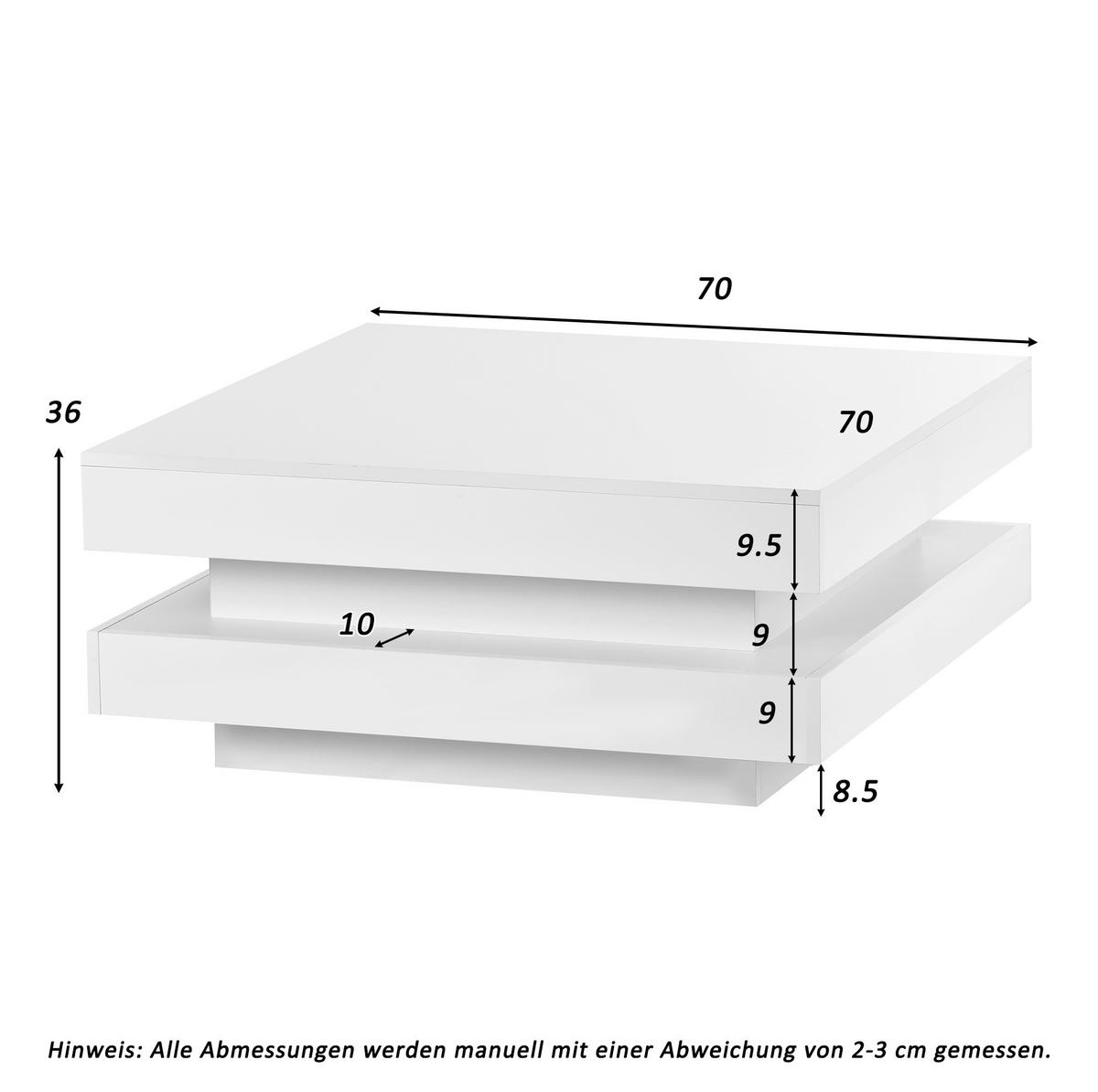 COUCHTISCH, Hochglanz Weiß, Spanplatte mit Bluetooth-LED (App‑gesteuert, USB), 70/70/36 cm,Weiß - Weiß, Holzwerkstoff (70/70/36cm) - Redom