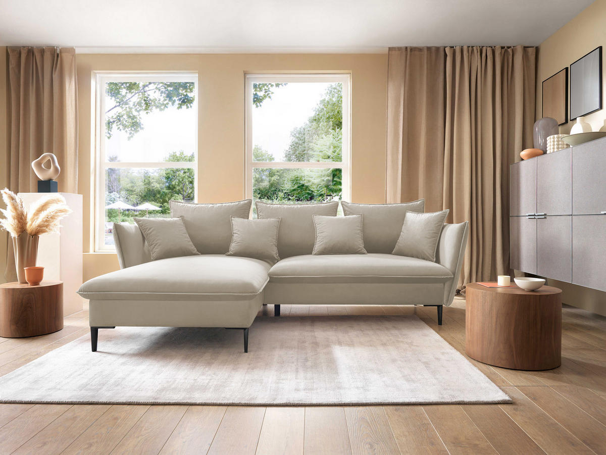 ECKSOFA GLOSS mit Schlaffunktion, Ottomane & goldenen Füßen – Samtsofa im GLOSSour-Stil mit Zierkissen, 258x167x91cm, Linke, PLATINUM - Grün, Holz/Textil (167/258cm) - DomoHome