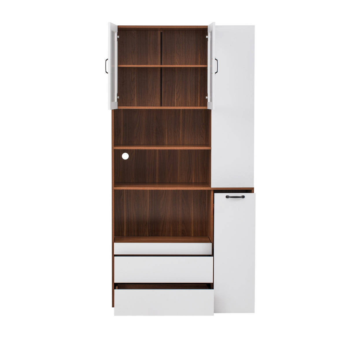 HIGHBOARD 100/40/200 cm mit Auszugsablage, Riffelglas und 2 Schubladen aus MDF, Weiß/Nussbaum - Weiß/Braun, Holzwerkstoff (100/200/40cm) - Redom