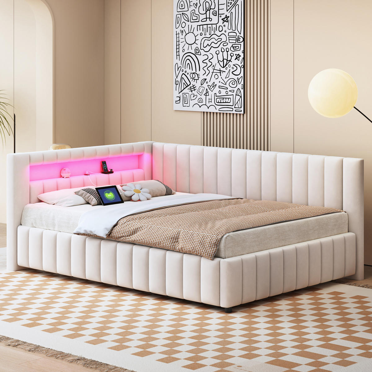 TAPECIRANI krevet 140/200 cm bež od baršuna s LED rasvjetom i USB priključkom - bež, tekstil (140/200cm) - OKWISH