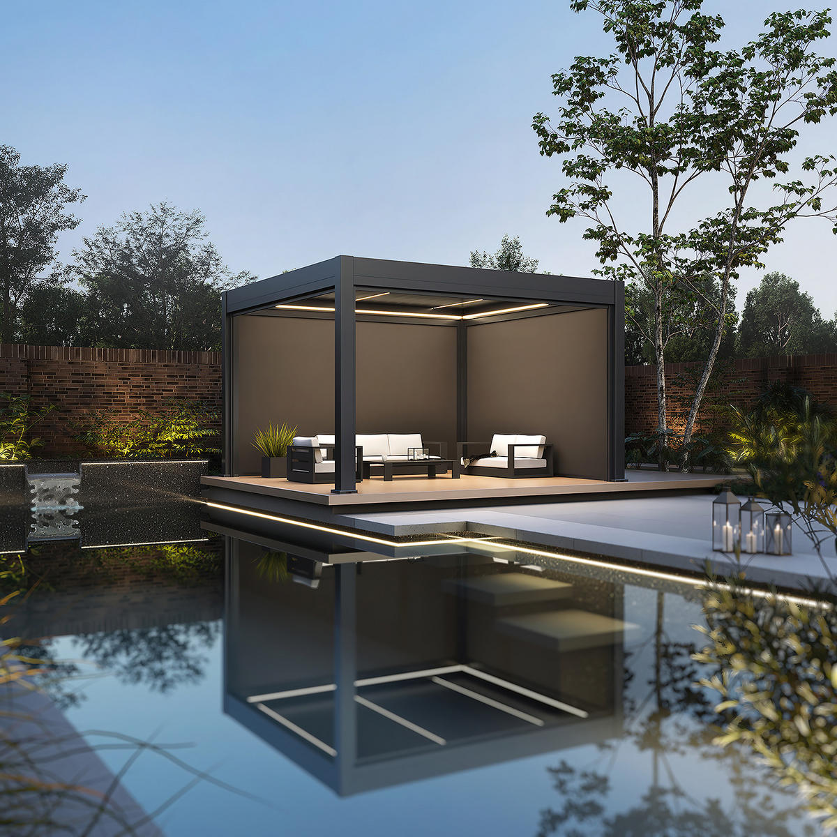 PERGOLA Prestige Pavillon Terrassenüberdachung Alu LED 3,6 x 4 m + 4 Sonnenrollo - Anthrazit, Metall (360/255/400cm) - WEIDE