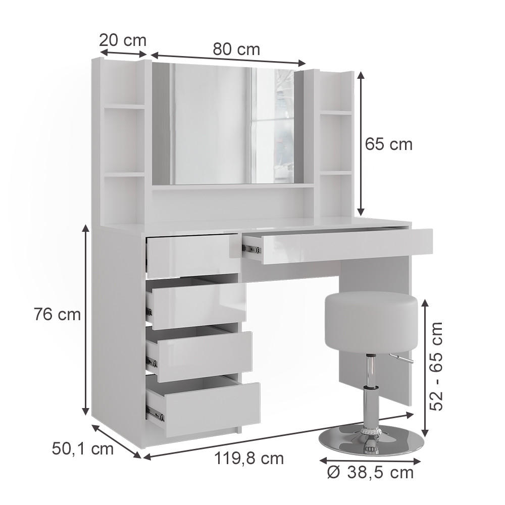 SCHMINKTISCH Sherry Weiß/Weiß Hochglanz 119.8 cm 5 Teile - Weiß Hochglanz, Holzwerkstoff (119.8/76/50.1cm) - Vicco