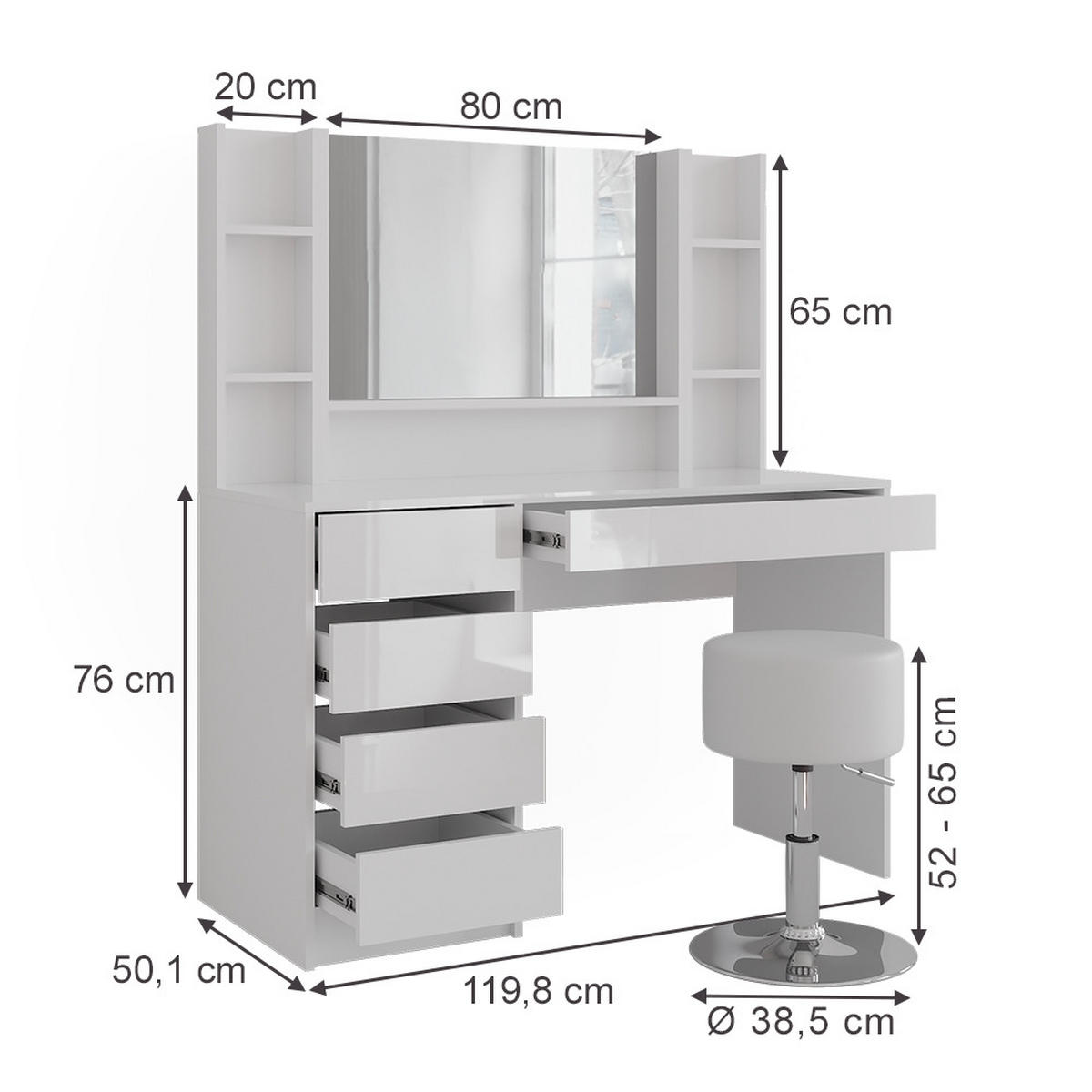 SCHMINKTISCH Sherry Weiß/Weiß Hochglanz 119.8 cm 5 Teile - Weiß Hochglanz, Holzwerkstoff (119.8/76/50.1cm) - Vicco