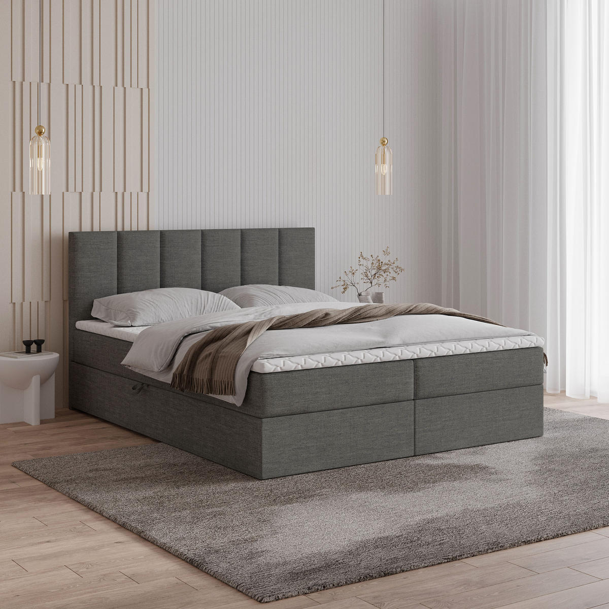 POSTEL BOXSPRING MERIL 160x200 cm, s matrací a úložným prostorem, tmavě šedá - tmavě šedá, kompozitní dřevo/textil (160/200cm) - MASSENO