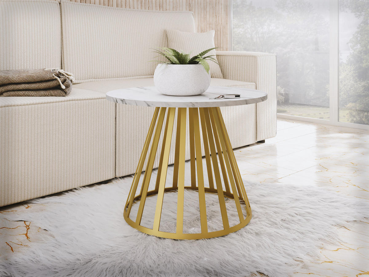 COUCHTISCH Mokod Mini - Weiß Hochglanz/Goldfarben, Holzwerkstoff/Metall (58/58/45cm) - MIRJAN24
