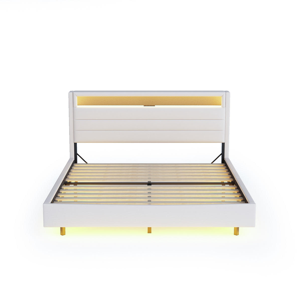 ČALÚNENÁ posteľ z látky 160x200 cm béžová s USB zásuvkou, LED osvetlením a úložným čelom - béžová, textil (160/200cm) - Modfu