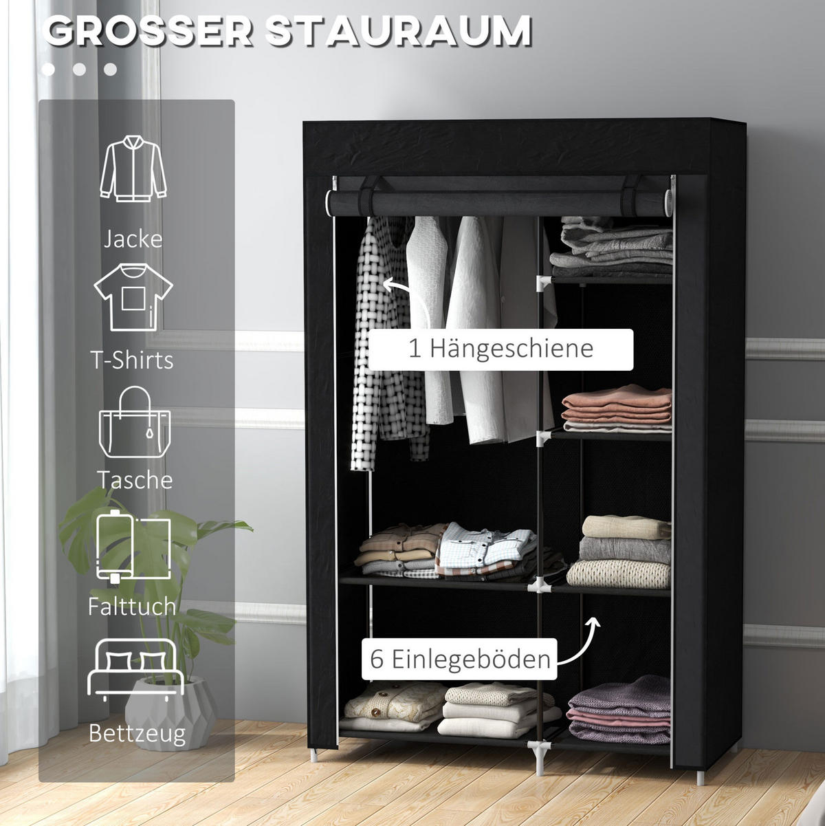 KLEIDERSCHRANK aus Stahl 103x43x162,5 cm Schwarz mit Kleiderstange und 6 Fächern - Schwarz, Metall (103/162.5/43cm) - Modfu