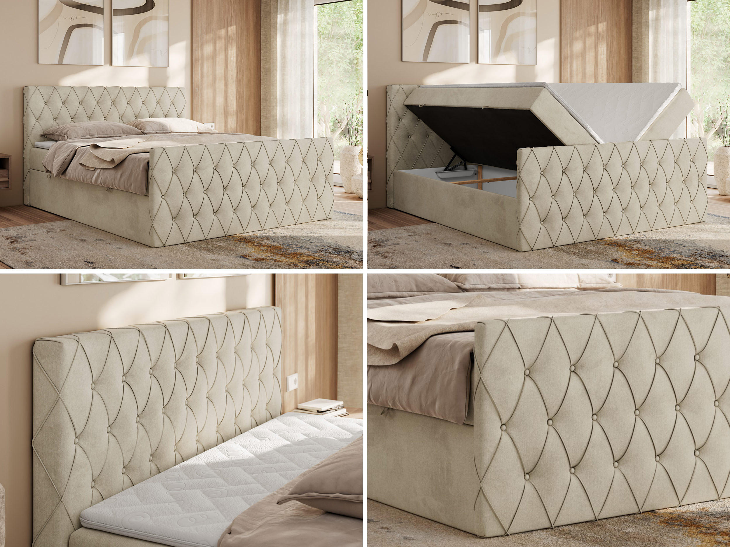Thumbnail - MKS Boxbett, Beige, Textil, 2-Sitzer, H3, 7-Zonen, Rechteckig, 140x200 cm, Oeko-Tex®, Schlafzimmer, Betten, Boxspringbet...