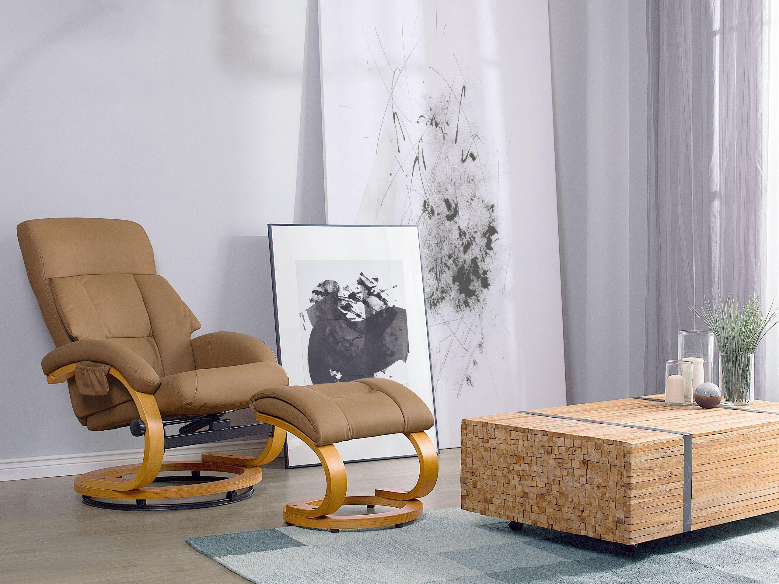 MASSAGESESSEL mit Fußhocker Kunstleder Beige Force - Beige, Holz/Textil (55/100/80cm) - Beliani