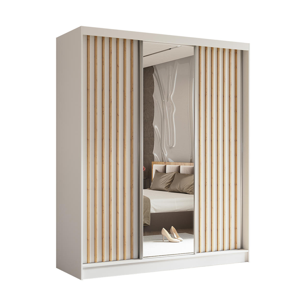 SCHWEBETÜRENSCHRANK Cabinio Weiß Eiche Artisan 180/216/61 cm – mit Spiegel und Lamellen - Walnussfarben/Weiß, Holzwerkstoff/Kunststoff (180/216/61cm) - AX Living