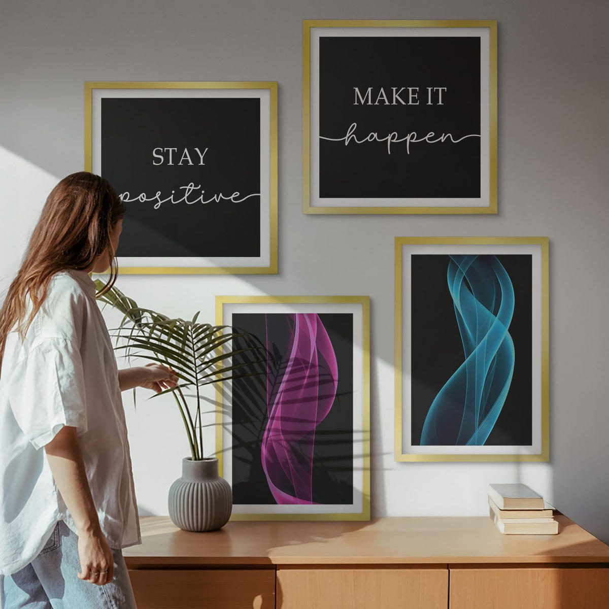 WANDBILDER 4er Set - 50x50 cm & 40x60 cm Goldrahmen - Neonlinienwellen im Hintergrund - Goldfarben, Kunststoff (50/50cm) - ArtPrintCave