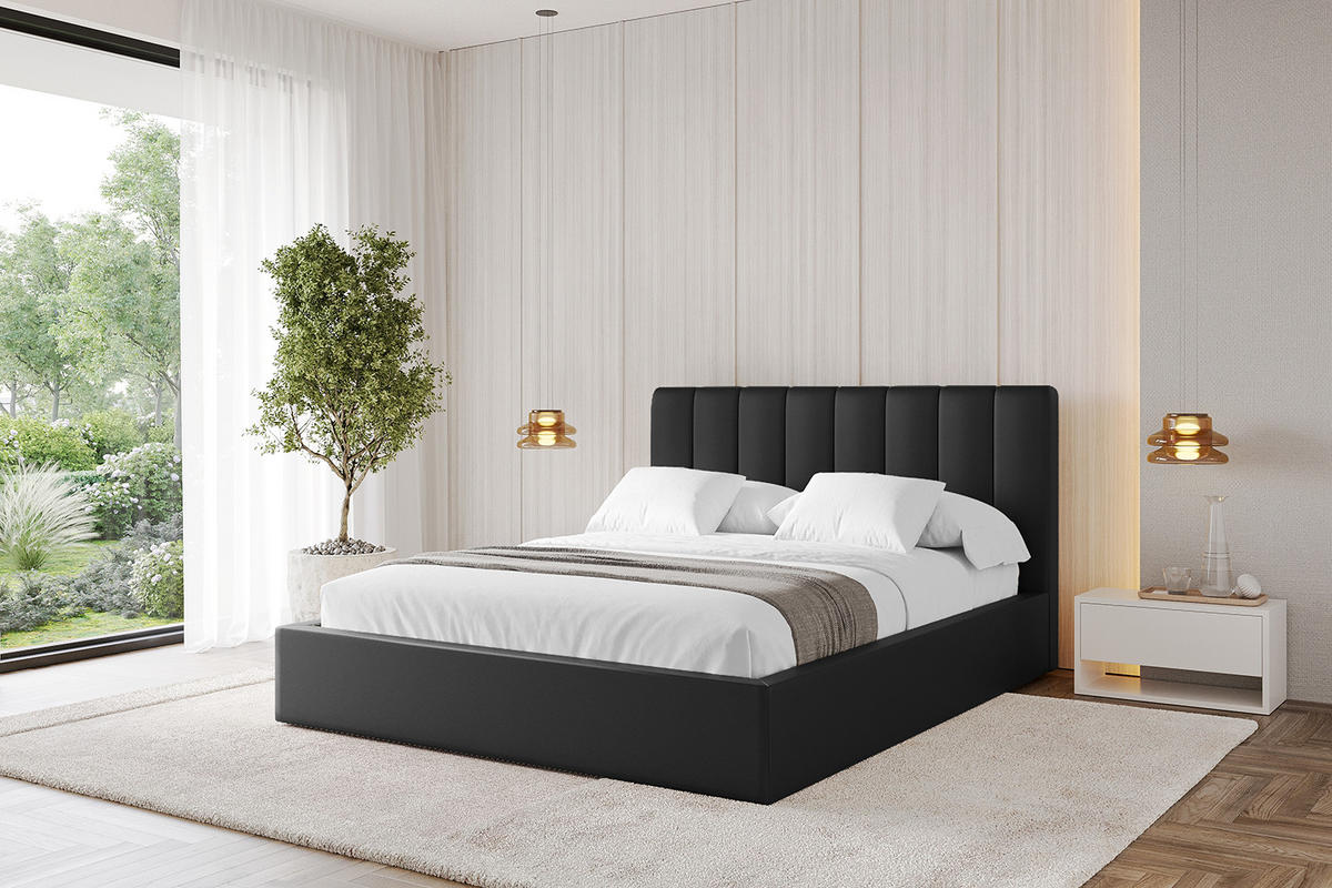 POLSTERBETT mit Bettkasten und Lattenrost, Bett mit Matratze H3/H4 - STERA 160x200 Schwarz Kunstleder - Schwarz Hochglanz, Holzwerkstoff/Textil (160/200cm) - ALTDECOR