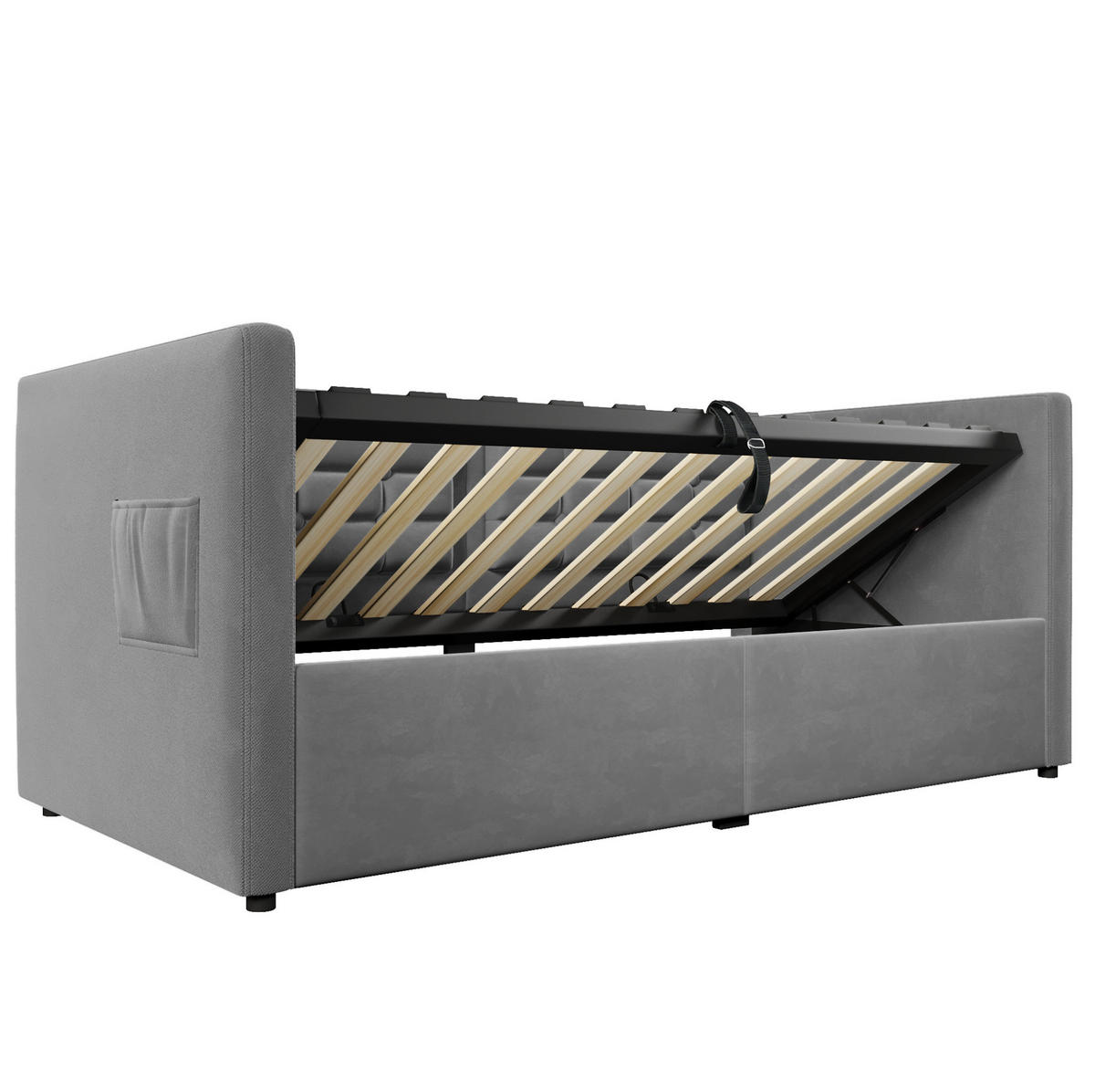 BETT 90/200 cm Grau mit Stauraum und USB- und Type-C-Anschlüssen - Grau, Textil (90/200cm) - Flora Grace