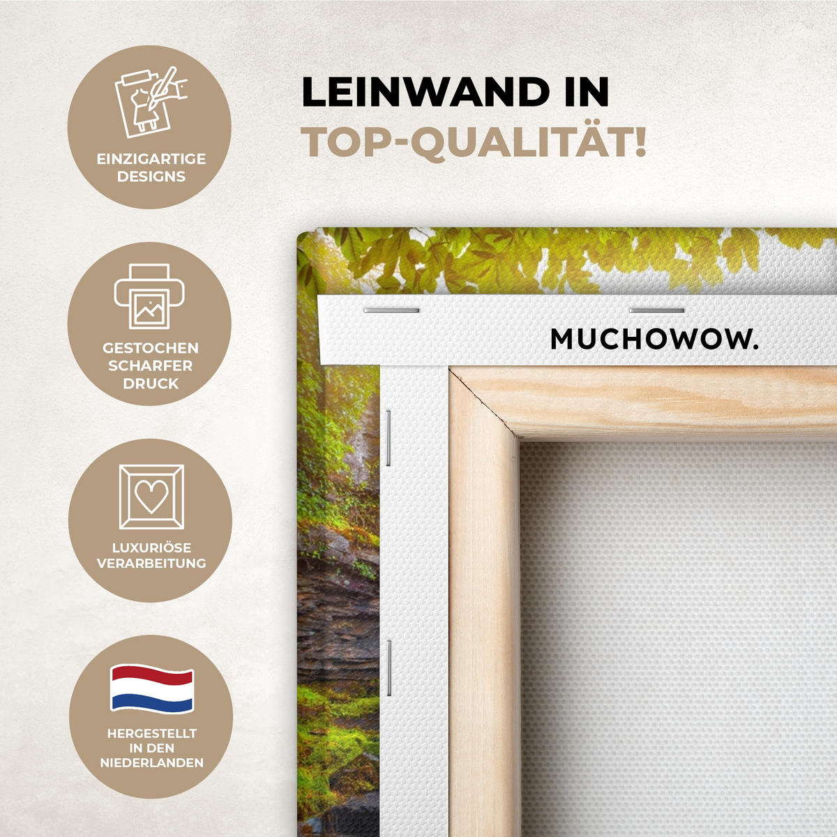 LEINWANDBILD Natur - Wasserfall - Pflanzen - Bäume - Sonne Wandbild 40x30 cm - Olivgrün, Textil (40/30cm) - MuchoWow