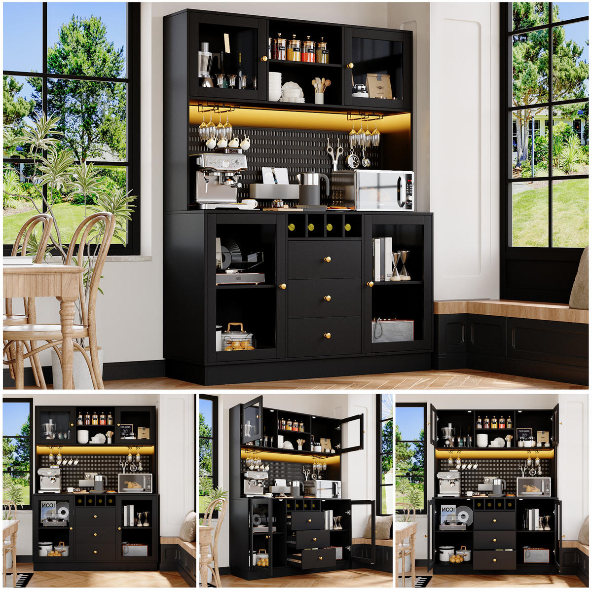 KÜCHENSCHRANK in Schwarz mit LED-Lichtleiste und Schubladen für Küche und Wohnzimmer, B140/T40/H185.7 cm - Transparent/Schwarz, Glas/Holzwerkstoff (140/185.7/40cm) - STILVORA
