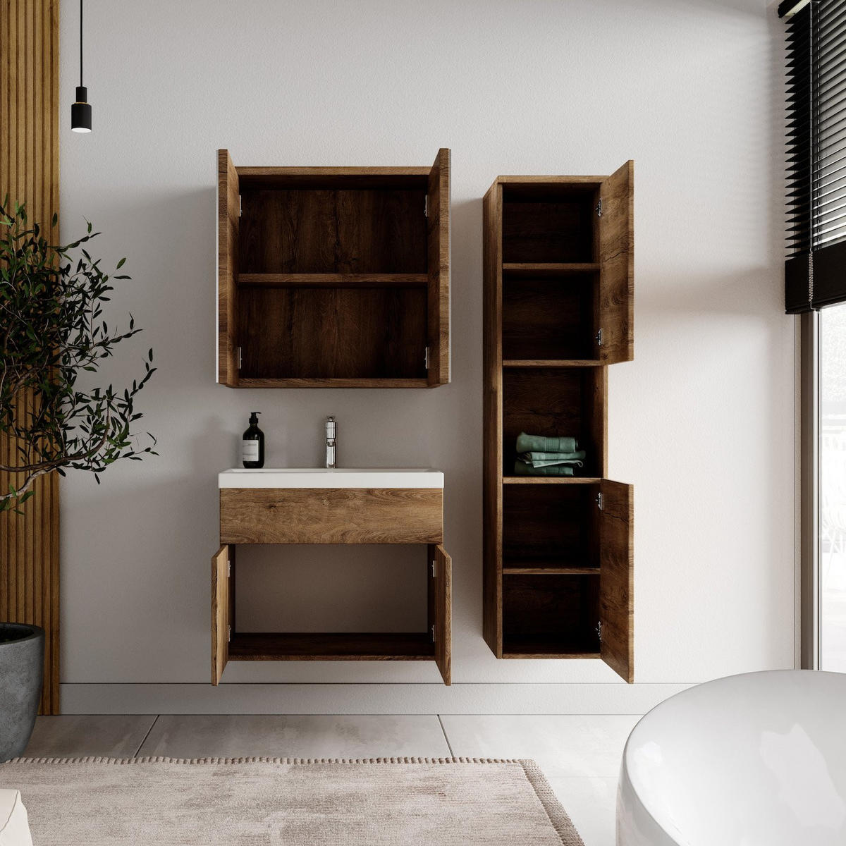 BADMÖBEL-SET Montreal 4 Teile Spiegelschrank Braun Eiche - 60 x 35 x 51 cm - Chromfarben/Braun, Holz/Metall (60/51/35cm) - Badplaats