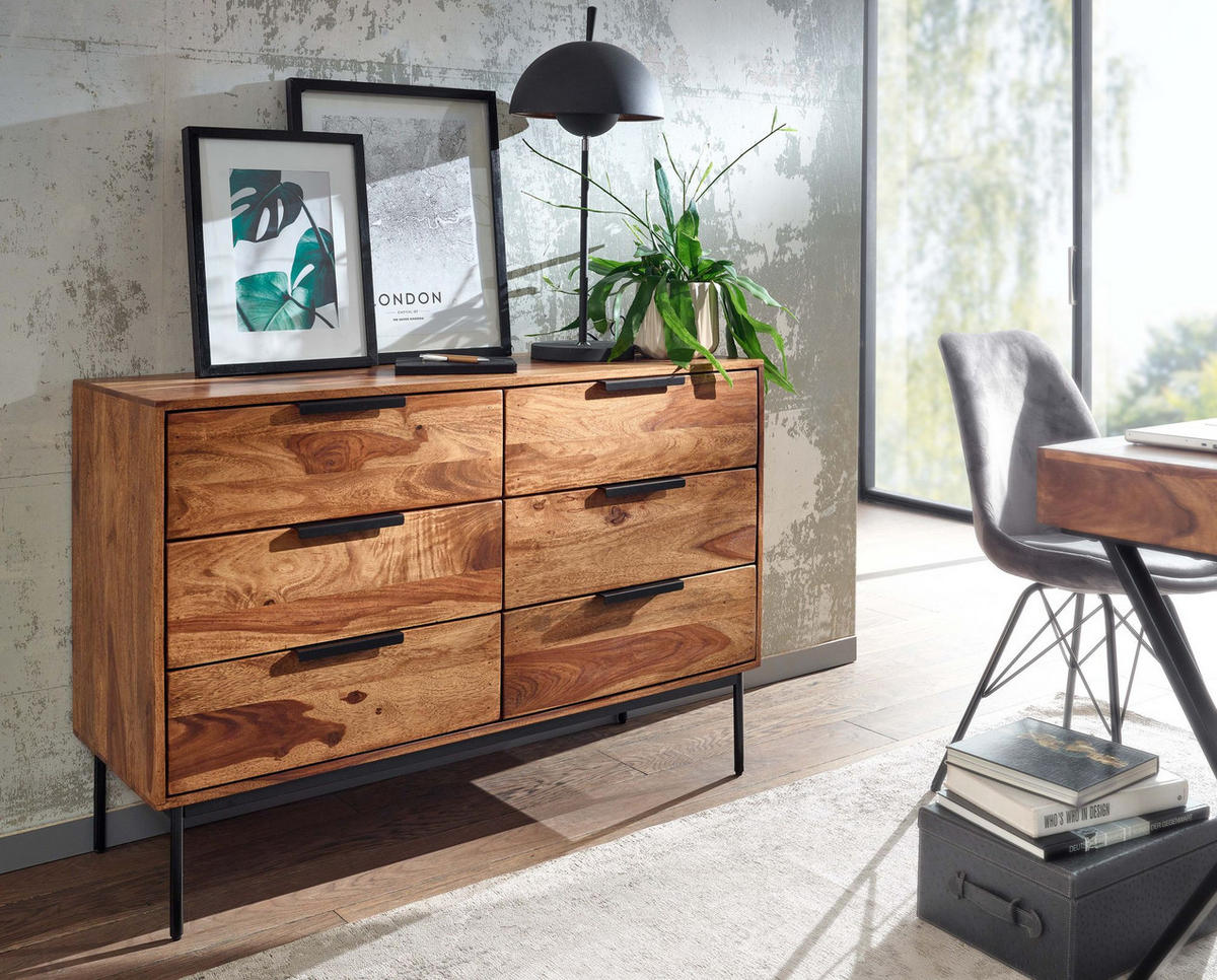 KOMMODE – Massivholz/Metall, 117x80x42 cm, 6 Schubladen, Industrial-Stil - Schwarz/Braun, Holz/Metall (117/80/42cm) - KADIMA DESIGN