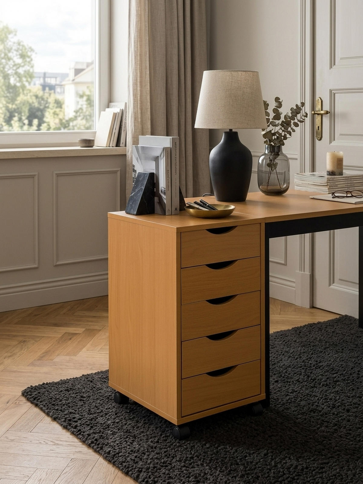 ROLLCONTAINER – Buche, 5 Schubladen, Schreibtischcontainer, Rollen - Schwarz/Braun, Holz/Kunststoff (33/64/38cm) - KADIMA DESIGN