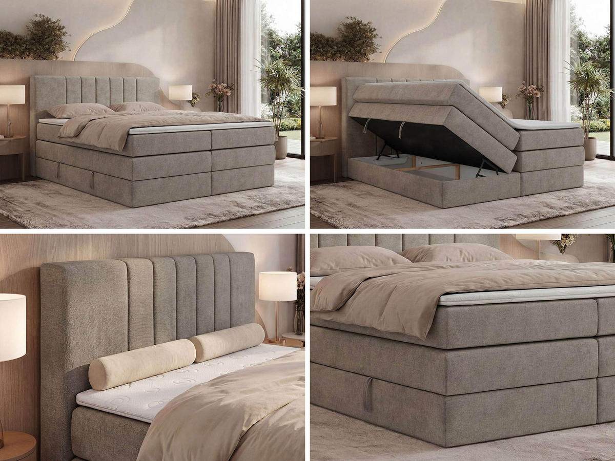 BOXSPRINGOVÁ POSTEĽ INERO KING 180/200 - Sivobéžová Štruktúrovaná látka - Topper Visco - H4 (tvrdý) - čierna/sivobéžová, textil/plast (180/200cm) - MKS
