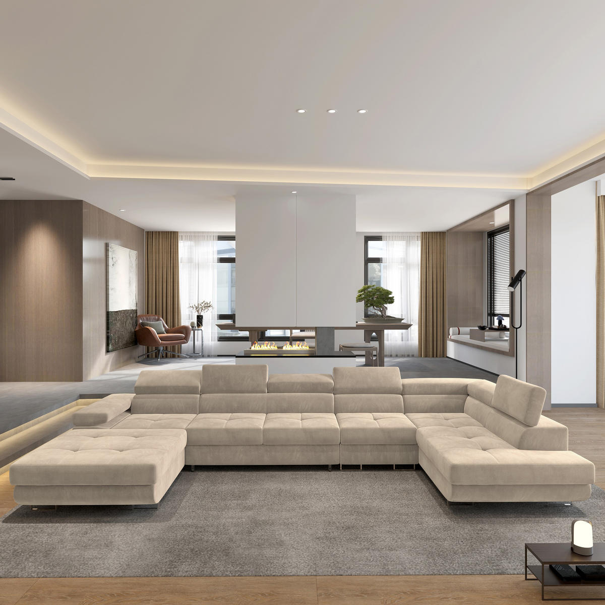 ROHOVÁ SEDAČKA VELORA krémová - stříbrná/krémová, kov/dřevo (419/90/202cm) - MASSENO