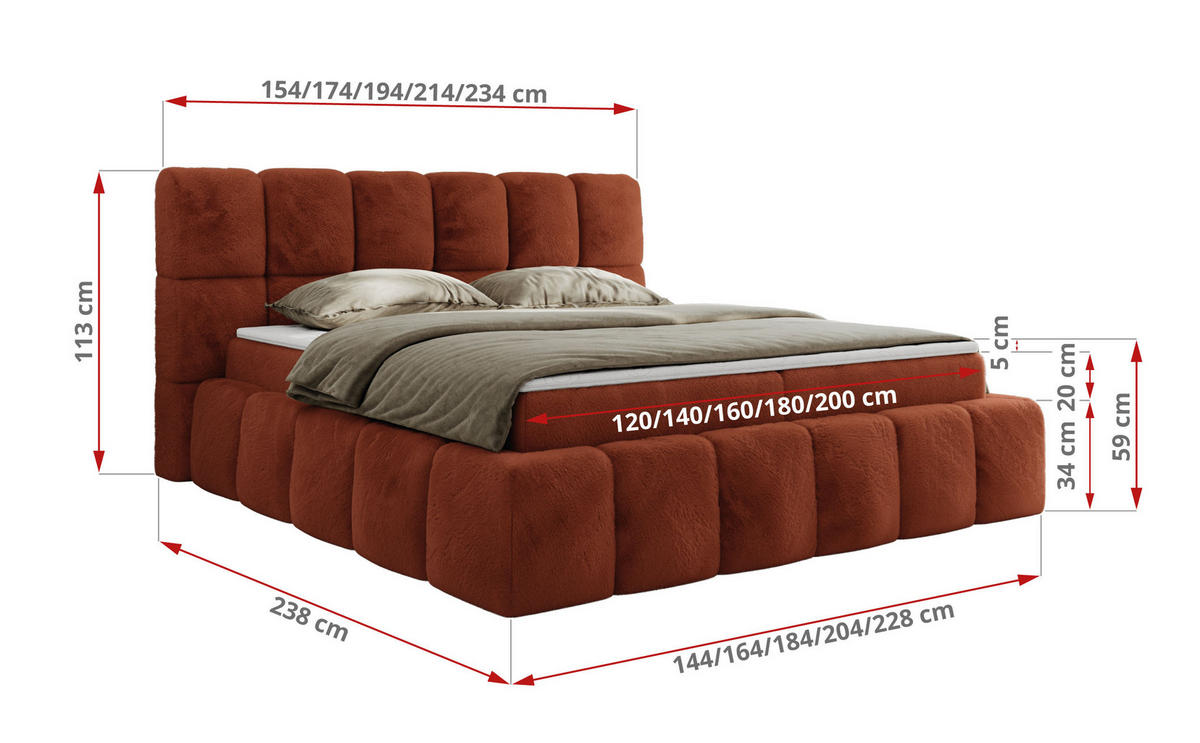 BOXBETT NIRA 200/200 - Orange Plüsch - H3 - Orange, Holz/Textil (200/200cm) - MKS