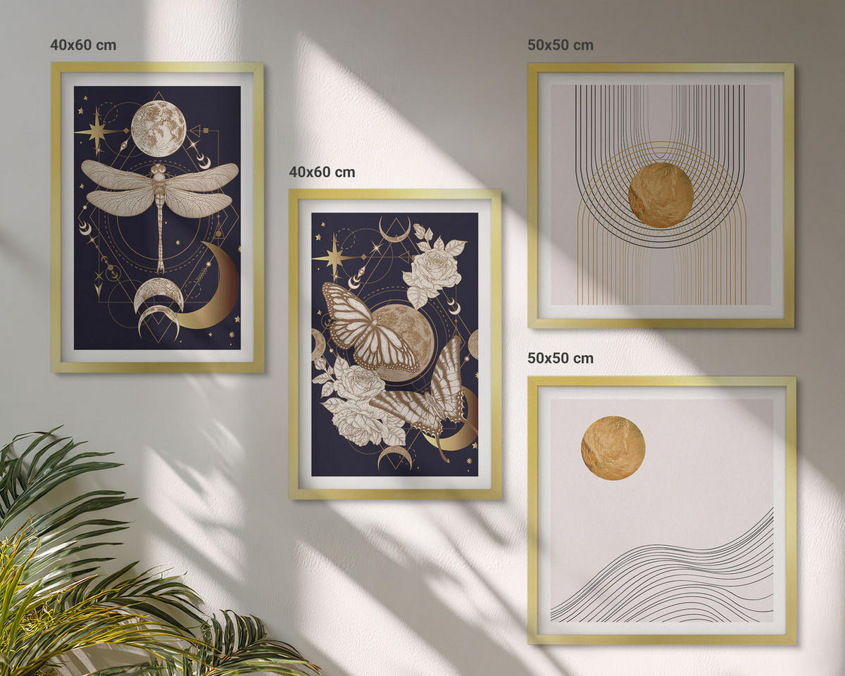BILDER SET 4er Set - 50x50 cm & 40x60 cm Goldrahmen - Naturmotive mit dem Mond - Goldfarben, Kunststoff (50/50cm) - TULUP