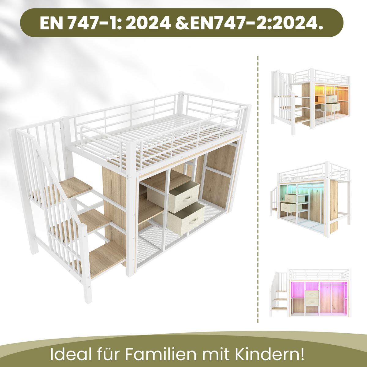 HALBHOHES BETT 90x200cm Weiß 2 Schubladen Kleiderschrank LED-Licht - Weiß, Metall (90/200cm) - FLIEKS