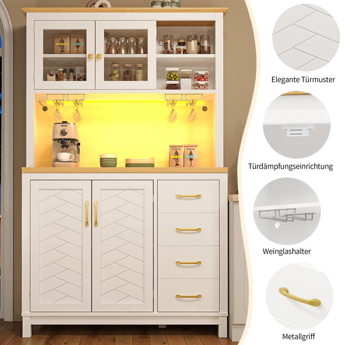 BUFFETSCHRANK landhausstil weiß 180 cm hoch mit app-led & gläserhalter - Weiß, Holzwerkstoff (105.5/180/40cm) - Urban Meuble