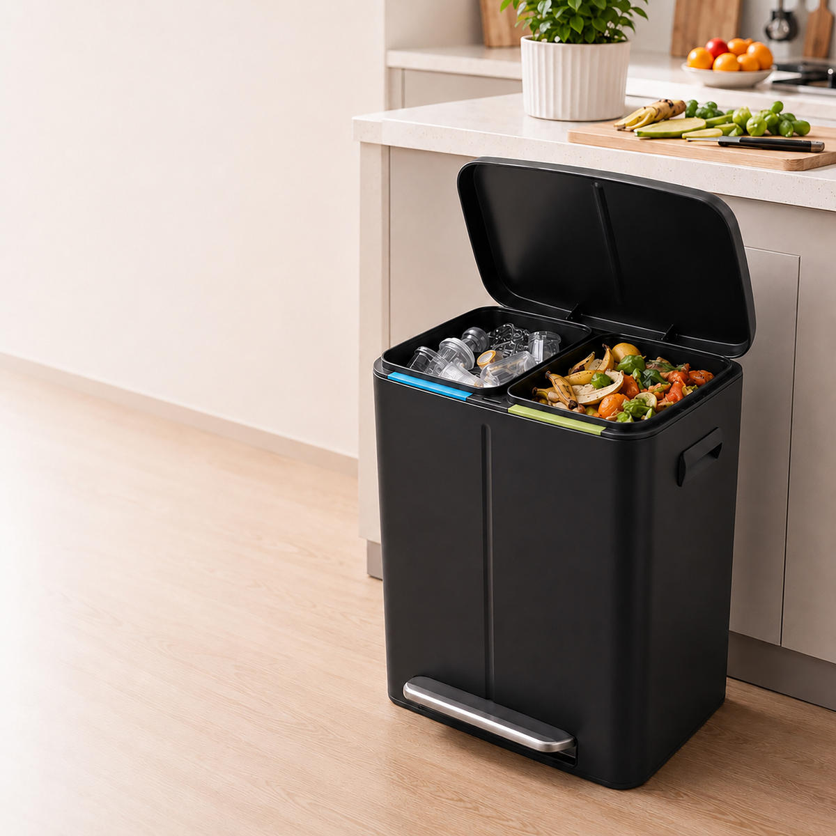 MÜLLEIMER Schwarz 2-Fächer Edelstahl Softclose Fußpedal 2x20 l - Schwarz, Kunststoff/Metall (45/60/42cm) - Relaxdays