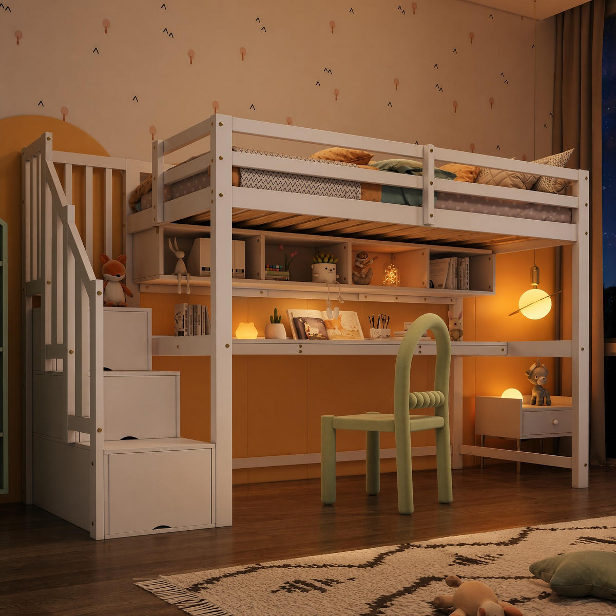 KINDERHOCHBETT aus Massivholz 90x200 cm Weiß mit Stauraumtreppe, Schreibtisch und Regalen - Weiß, Holz (90/200cm) - Modfu