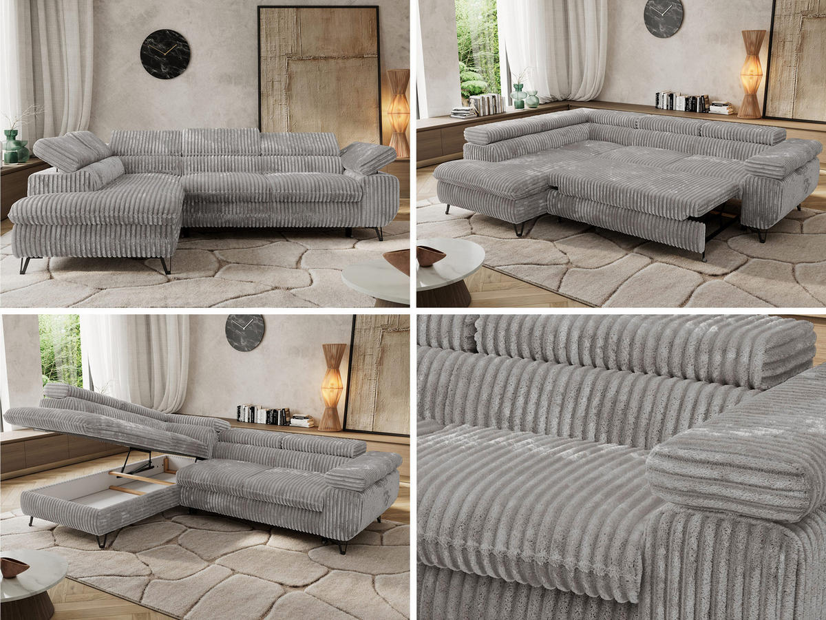 ECKSOFA PABLO L Hellgrau Cord - Links Seite mit T25 Topper - Hellgrau/Schwarz, Textil/Metall (208/273cm) - MKS