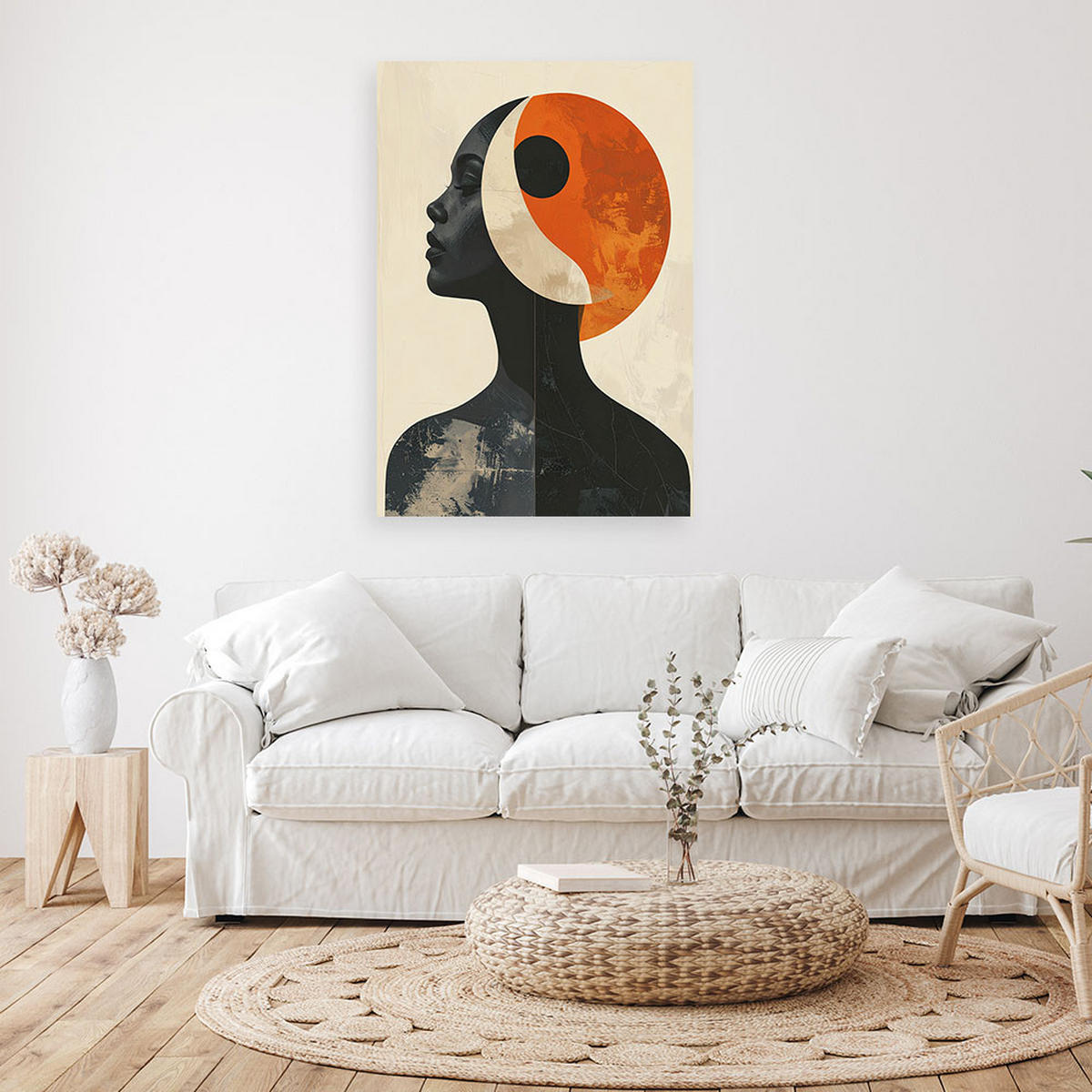 LEINWANDBILDER, Minimalistisches Frauenprofil mit orangefarbener Sonne - Orange, Textil (20/30cm) - Feeby