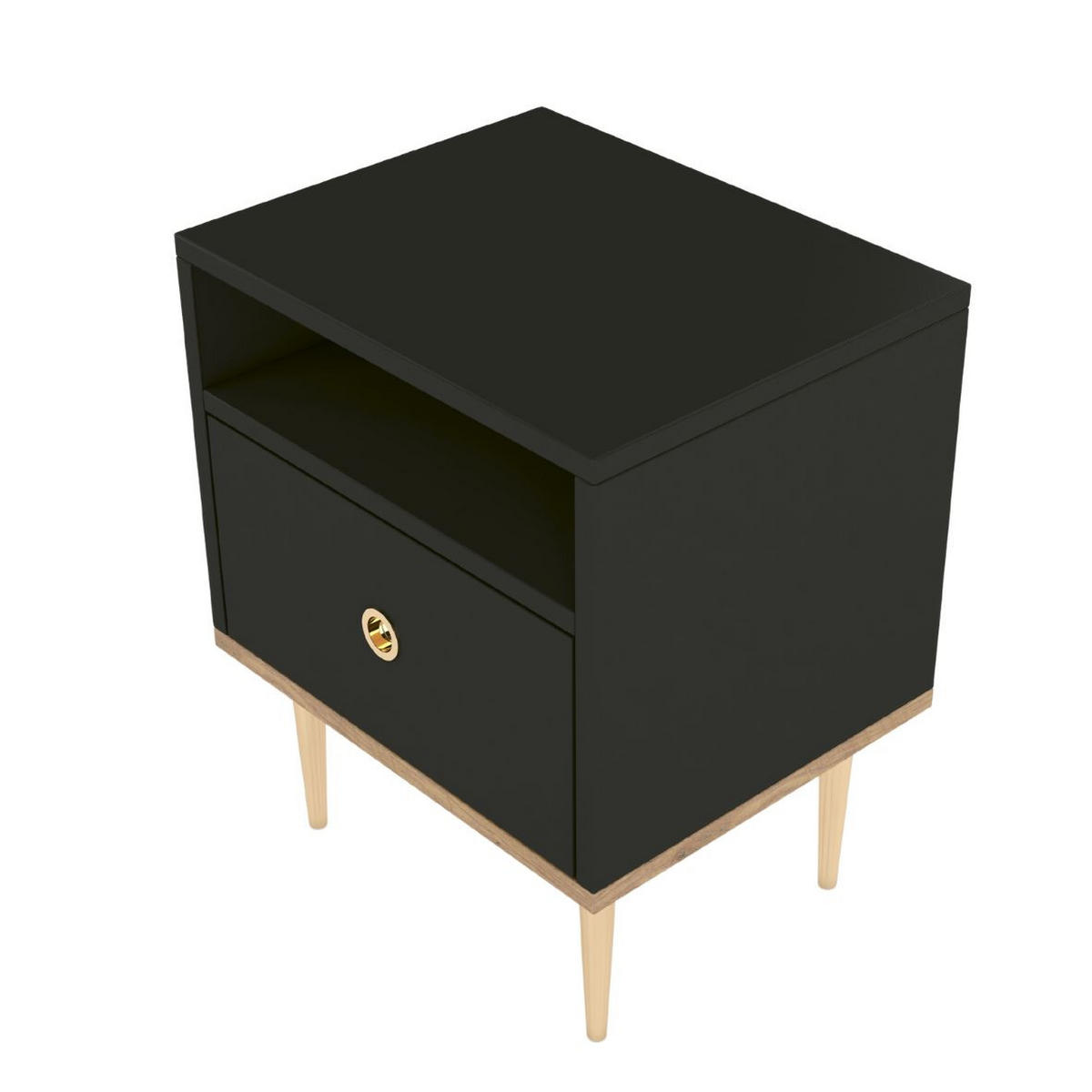 NACHTTISCH Harmoni, Schwarz, Eiche, Goldene Details - Goldfarben/Schwarz, Holzwerkstoff/Metall (44/54/38cm) - Skandica