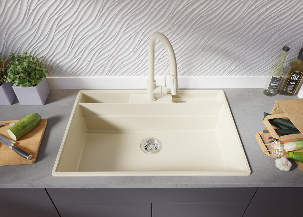 GRANITSPÜLE New York, 2-er set Beige 78/53 cm 1 Becken + Küchenarmatur 32/20 cm + Ablauf-Set + Küchenzubehörset ab 80er Unterschrank - Chromfarben/Beige, Kunststoff (78/20/53cm) - Primagran