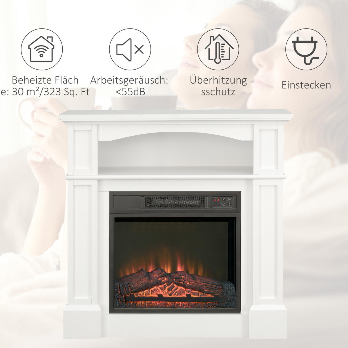 ELEKTROKAMIN 1800 W Standkamin mit Heizung, 3D LED-Flammeneffekt, Weiß - Weiß, Metall (32.3/80.5/80.5cm) - HOMCOM