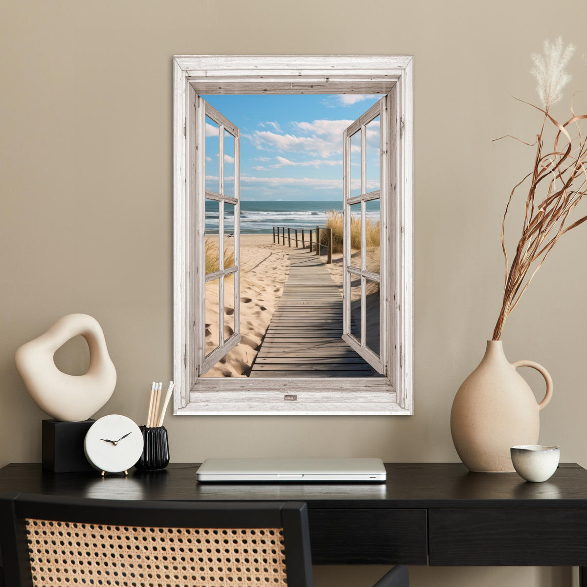 POSTER Fenster - Meer - Küste - Natur - Ausblick - Strand - Wattenmeer 40x60 cm - Beige, Papier (40/60/0.1cm) - MuchoWow
