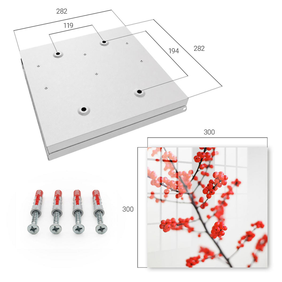 SCHLÜSSELBOX Weiß 30x30 cm – Türöffnung nach rechts - Rote Beeren - Rot, Metall (30/30/5cm) - TULUP