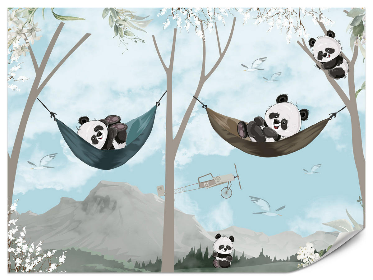 FOTOTAPETA Pre Detskú Izbu Pandy V Hojdacích Sieťach Rozprávkový Les Kvety Hory 450 x 315 cm - čierna/sivá, papier (450/315cm) - Muralo