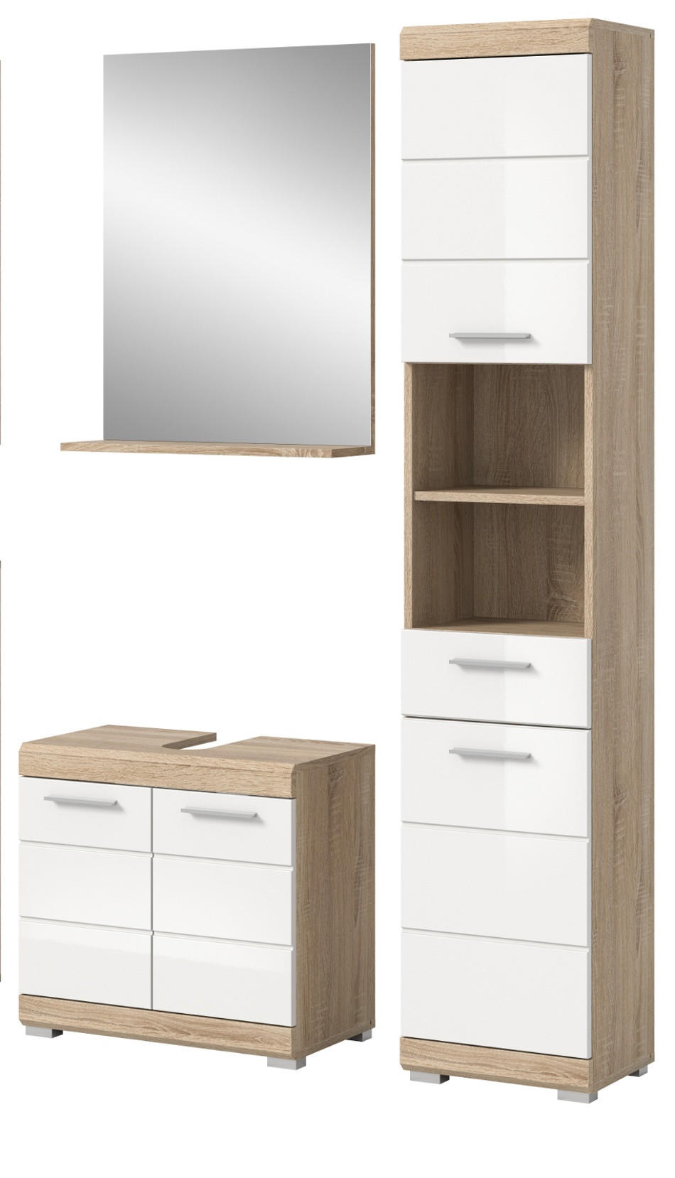 Inn.Furn Badmöbel-Set Weiß Hochglanz, Eiche 112x191x34 cm