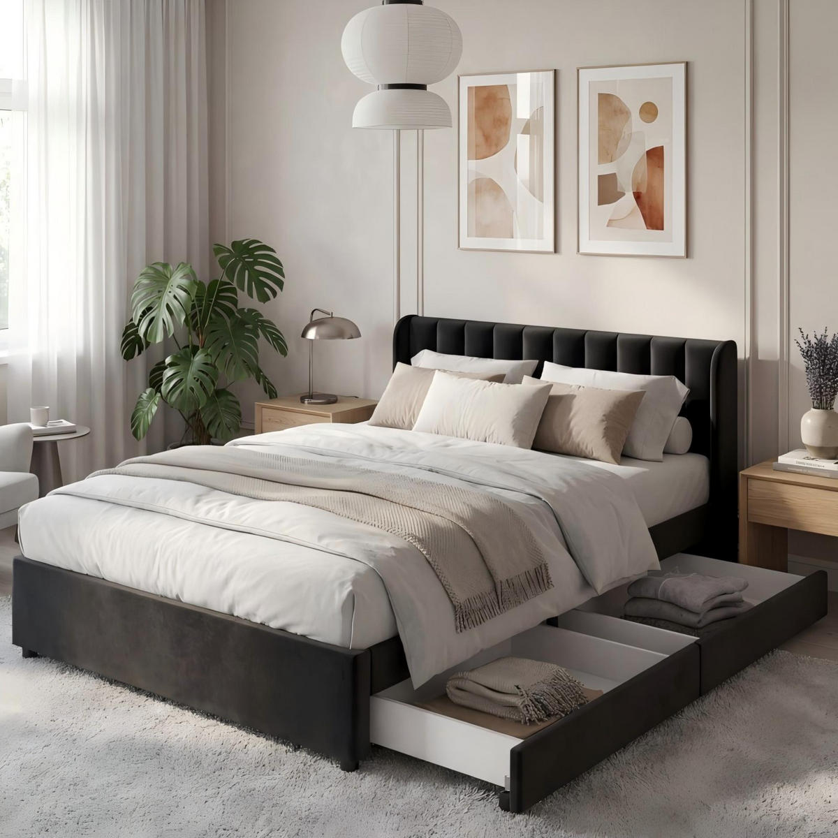 POLSTERBETT aus Samt 140x200 cm in Schwarz mit Lattenrost & 2 Schubladen - Schwarz, Textil (140/200cm) - Modfu