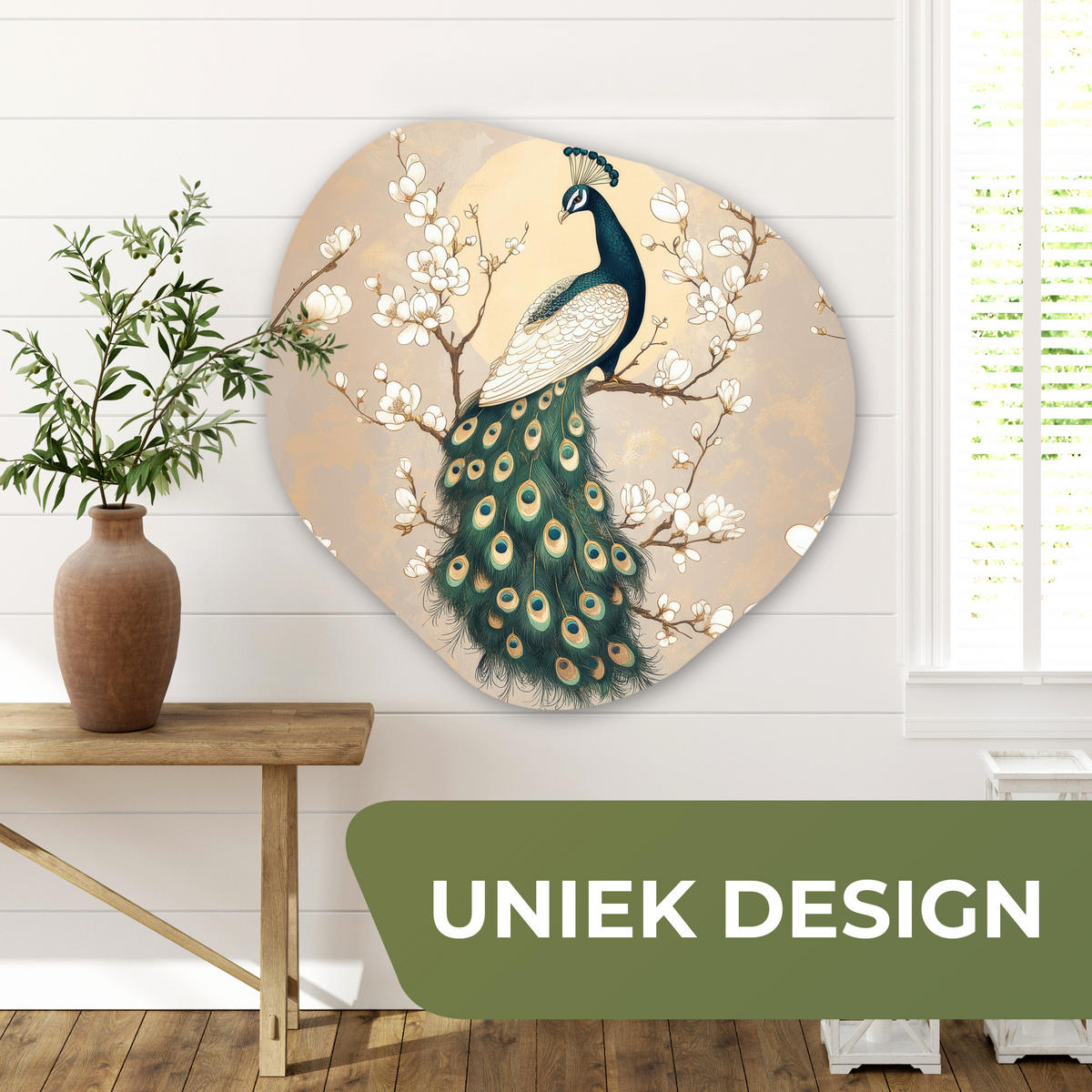 WANDBILD Pfau - Zweig - Blumen Room Decor 90x90 cm - Champagner, Kunststoff (90/90cm) - MuchoWow